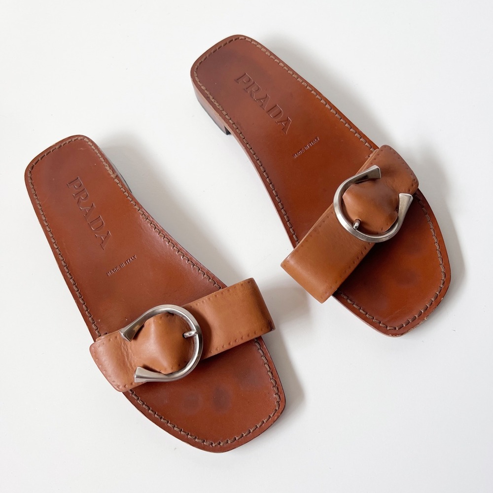 Prada Sandals 39 8 Brown Leather Horseshoe Buckle Square Toe Flat Slides - Picture 8 of 10